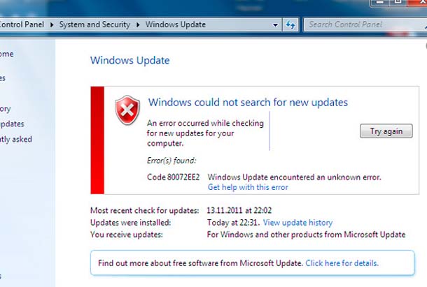 Код 80072ee2 произошла неизвестная ошибка windows update как исправить