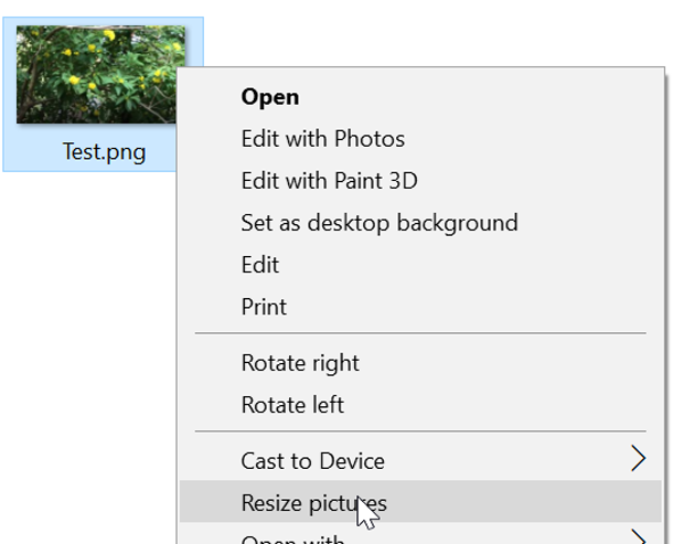 resize images from context menu in Windows 10